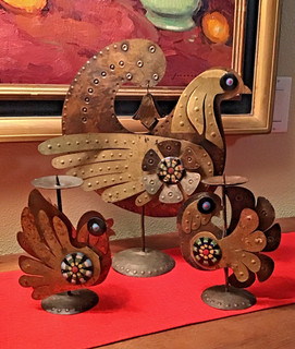1970s 3 PC CESAR VASQUEZ BIRD SCULPTURE & CANDLE HOLDER MIXED METAL ENAMEL CHILE