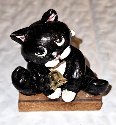Nickies, ''Doodles'' Tuxedo Cat w/Bell~ A One~off Craft Design on a Wood Pedestal