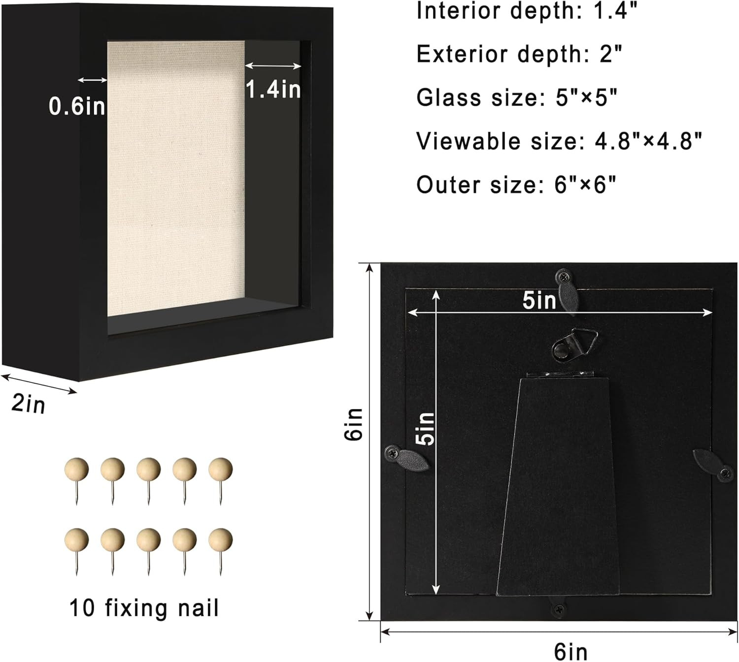 5X5 Small Shadow Box Picture Frame Display Case with Soft Linen Back, Black Wood
