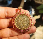 2Ct Round Cut Lab-Created Red Ruby Liberty Coin Pendant 14K Yellow Gold Plated