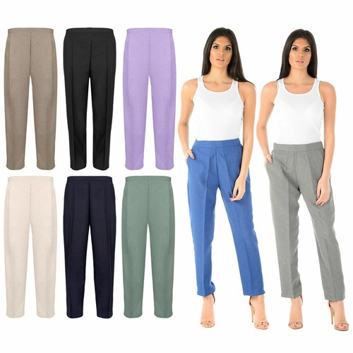 LADIES HALF ELASTICATED TROUSERS WOMENS 