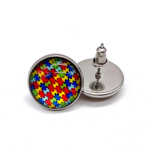 Autism Puzzle Piece Stud Earrings Multicolour 16mm Round Glass Stainless Steel - Picture 3 of 9