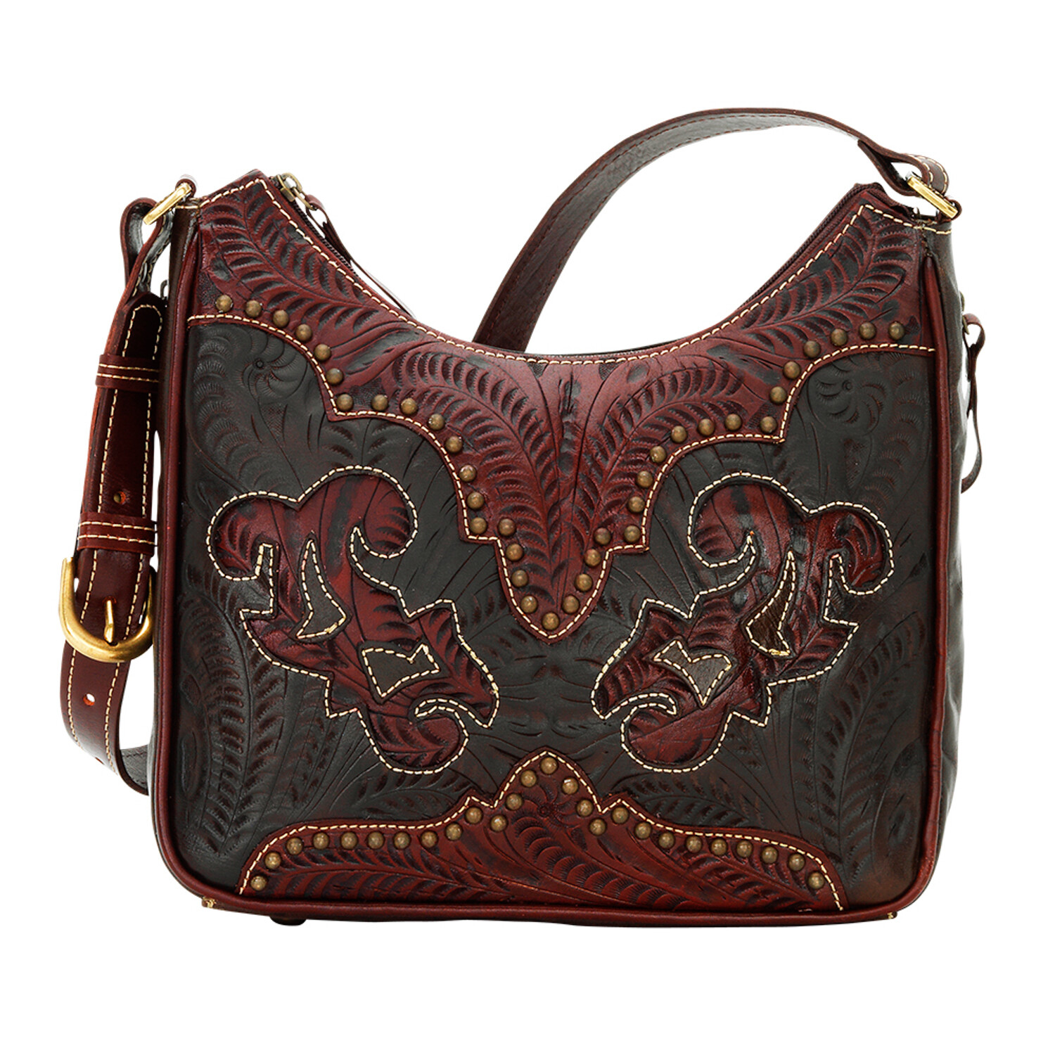 American West Annies Secret Collection 10in Choc/Crimson Leather Handbag Bag OS