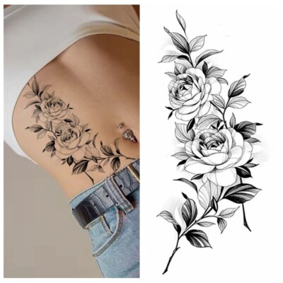 Black Peony Flower Sketch Temporary Tattoo Camellia Hand Drawn Floral Leg Arm