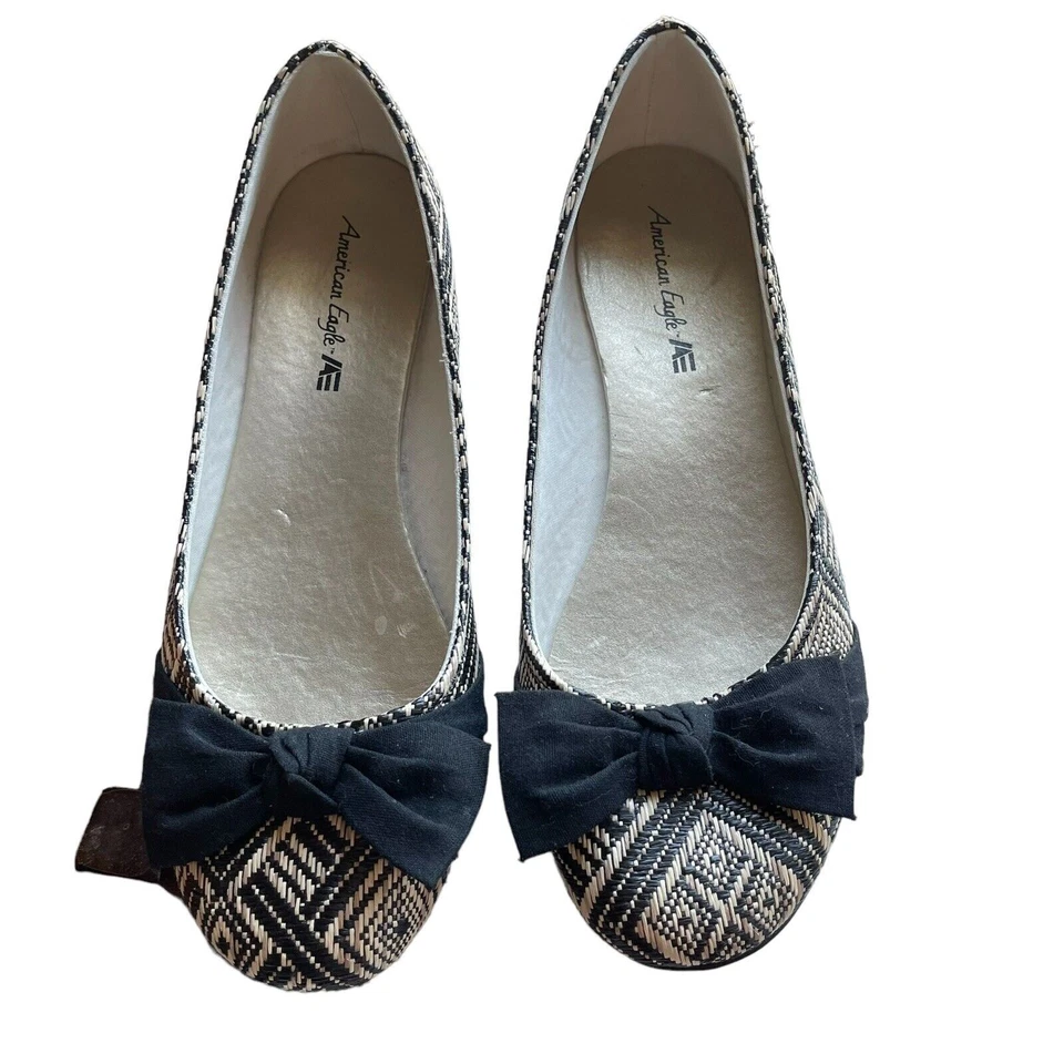 American Eagle Geometric Print Boho Ballet Flats Black & Tan Shoes Size 9.5 - Image 3 of 4
