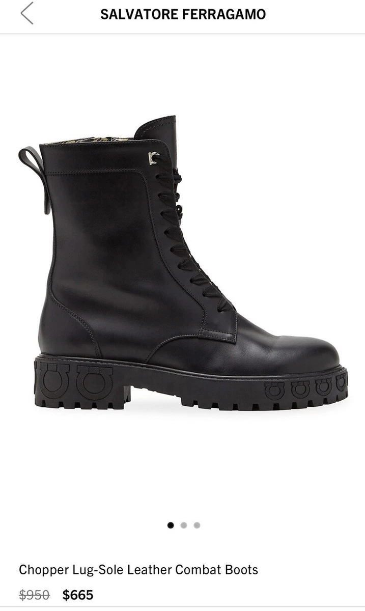 New Auth Salvatore Ferragamo Flat Combat Boots Chopper Black Leather 8 980