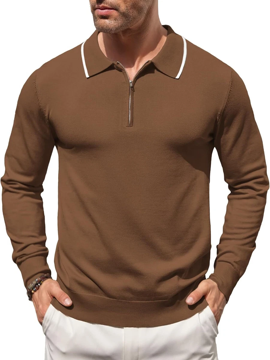 COOFANDY Men's Knit Polo Shirt Long Sleeve Quarter Zip Polo