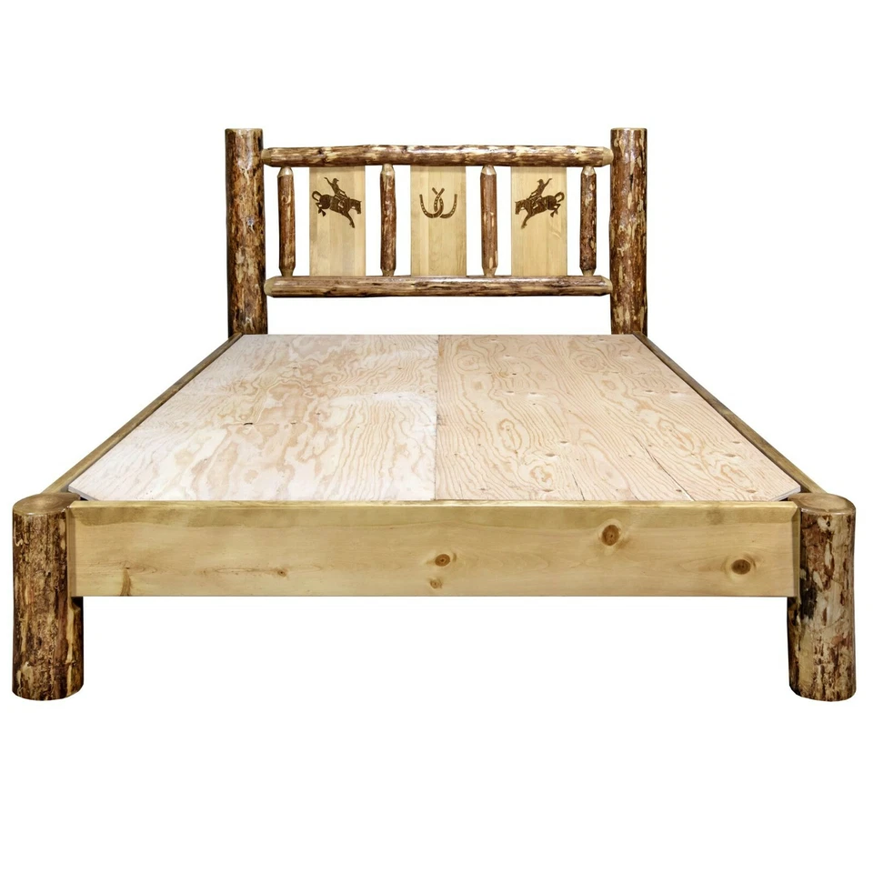 LOG Plataforma Cama Rey Rústico Occidental Único Grabado Arte Oso Lobo Ciervo Alce Foto 3 de 4