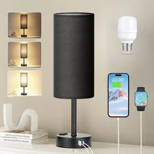 Black Bedroom Lamp for Nightstand - 3 Way Dimmable Bedside Lamp USB C a Charging