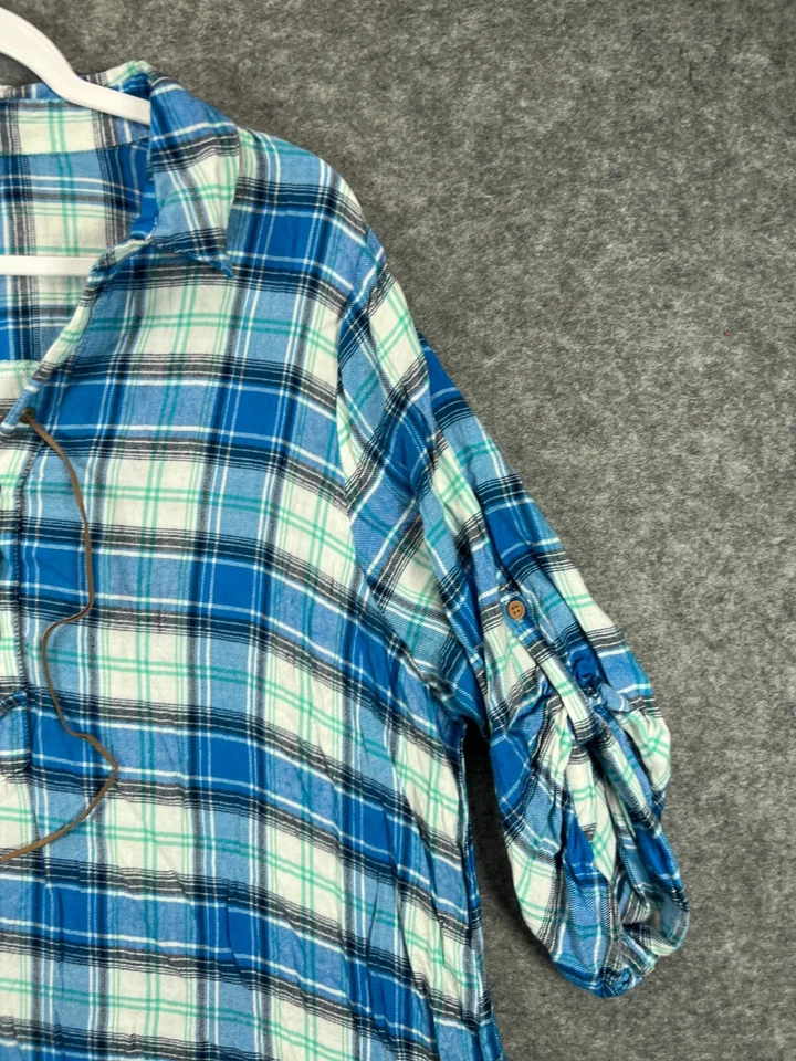 Camisa New Directions para mujer Plus 1X Blusa Top Azul a Cuadros Manga Corta Borde de Encaje Foto 4 de 4