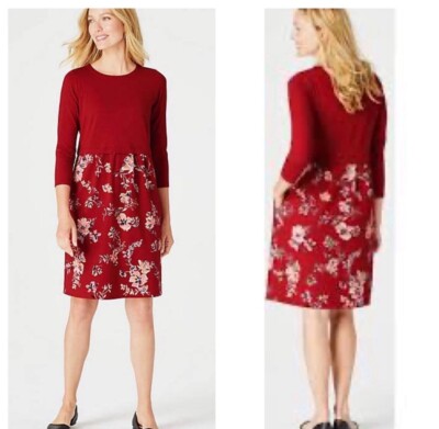 NEW J.Jill Sepia Blossoms Knee-Length A-Line Dress Red Floral 2X Plus 3/4 Sleeve