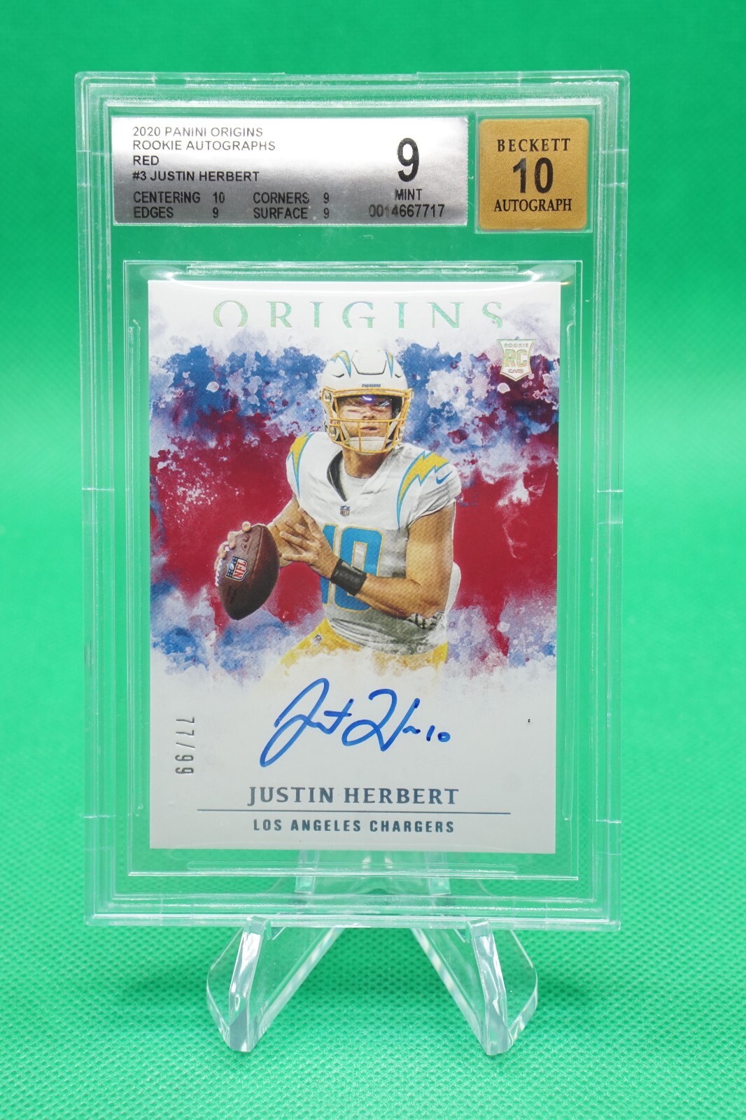 2020 Origins Rookie Autographs Red SP 77/99 #3 Justin Herbert Auto BGS 9 R6220J