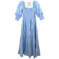 Hill House Nesli Nap Midi Dress Small Blue Metallic Puffy Sleeve Tiered Smocked