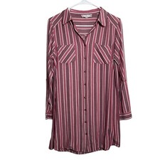 Pink Rose Shirt Dress Women's Medium Colorful Striped Button Up Mini Preppy Top