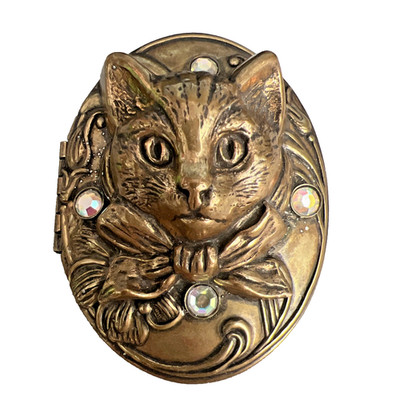Vintage Top Shelf Oversized Cat Cameo Style Locket Brooch Pin with AB Rhinestone