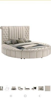 Boucle Upholstered Circle Bed Frame - Round Bed with Scrolled Headboard