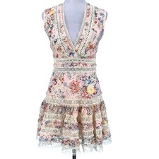 Zimmermann Style Floral Eyelet Lace Trim Tiered Mini Dress Pink Size 1 Small