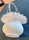 Early Fenton Silver Crest Milk Glass Basket Ruffled Edge & Clear Handle