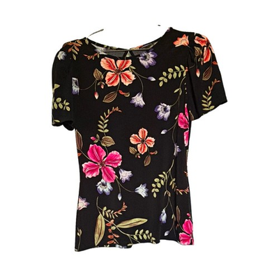 #ad Express Women’s Black Floral Scoop Neck Short Sleeve Pullover Blouse M $10.00