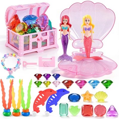 LullaBlock Pool Diving Toys for Kids Ages 4-8 8-12, 31 Pcs Shell Mermaid Pink