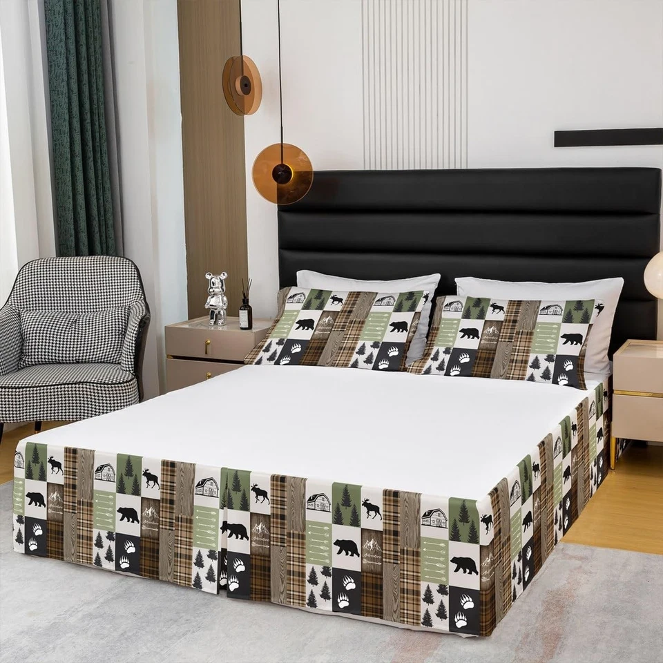 Олень кровать юбка королевский размер, медведь коготь сосны геометрические Plaids юбка для кровати 3шт для K... - Изображение 3 из 4
