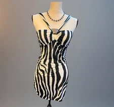 Y2K Zebra Print Bodycon Mini Dress Wet Seal Ruched Club Sexy Strappy Stretchy M