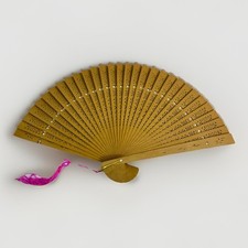 8" HAND HELD VINTAGE FOLDING FAN WOOD BOX PINK TASSEL