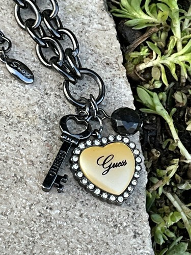 Guess Black Metal Faux Pearl Heart With Key Charm Chain Necklace Jewelry