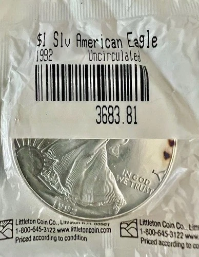 1992 American Silver Eagle 1 Oz Silver Dollar BU Coin Uncirculated Toning Spots