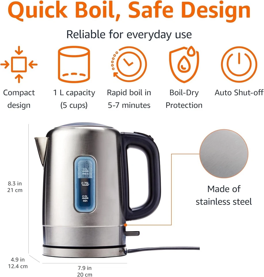 Stainless Steel Electric Kettle 1.1Qt – Amazon Basics, Fast Boiling, BPA-Free, A - Image 4 of 4