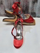Badgley Mischka Red Satin Bow Rhinestone Strap Pumps Women's Formal Wedding
