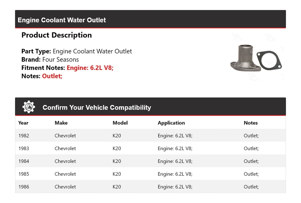 Salida de agua refrigerante motor V8 6,2 L para Chevrolet K20 1982-1986 4 estaciones 1983 Foto 2 de 4