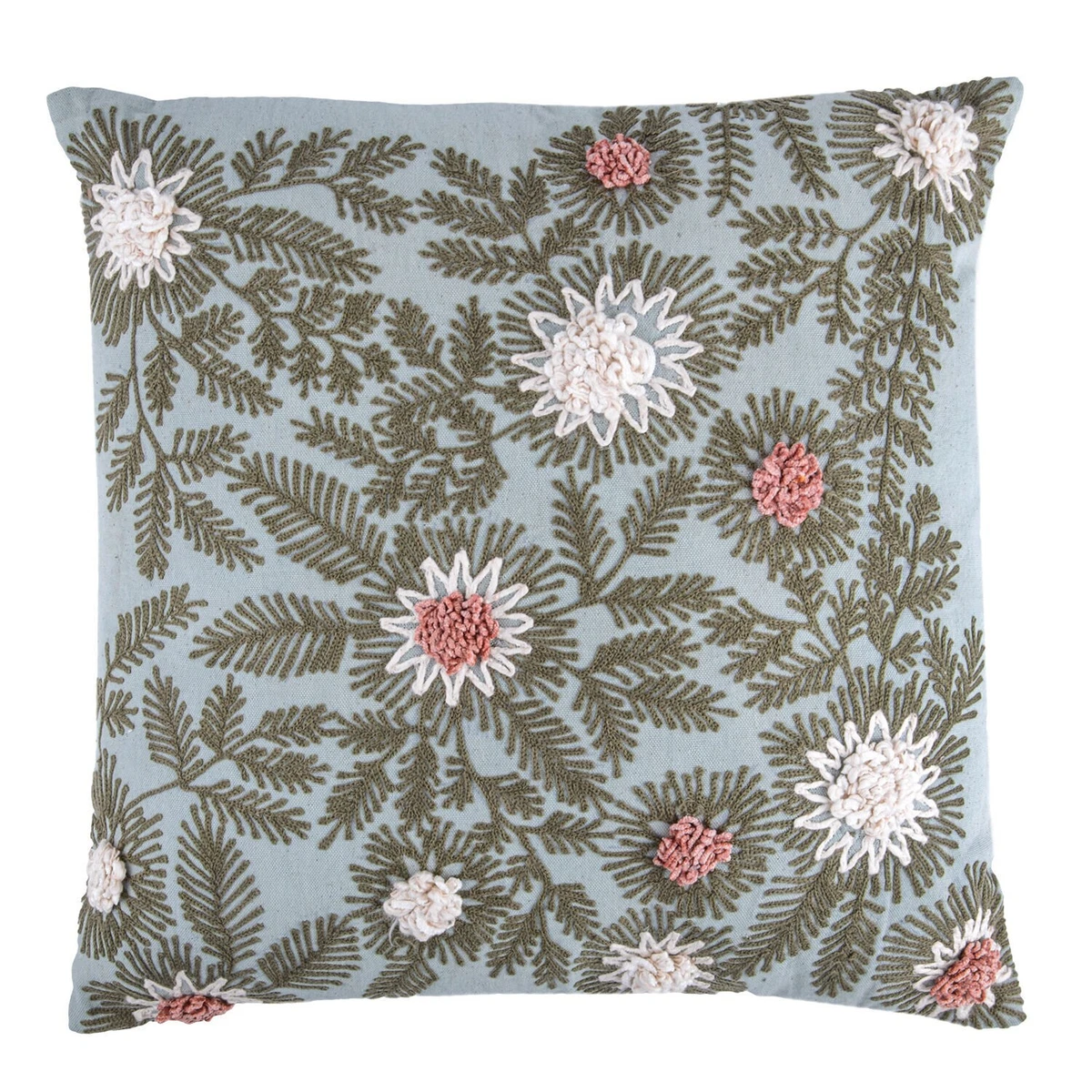 Flowers and Fern Embroidered Throw Pillow, Square Decorative