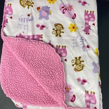 White Baby Blanket Pink Sherpa Purple Hippos Giraffe Brown Monkeys Yellow Flower
