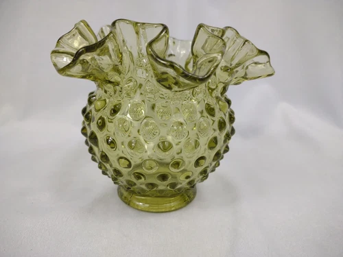 Vintage Fenton Green Glass Hobnail Vase Bowl Ruffled Edge  4 1/4" tall crimped