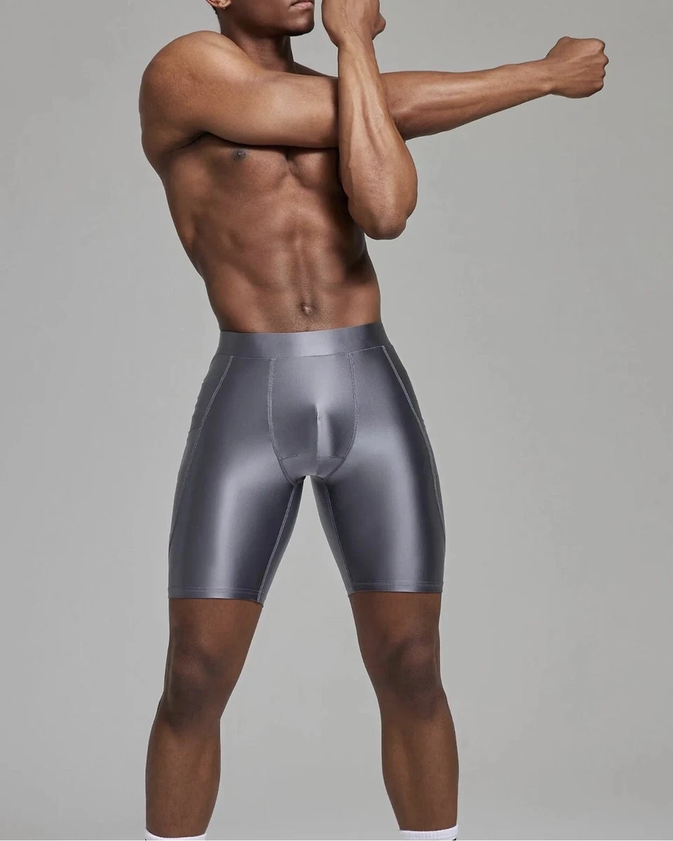 Mens Bodybuilding Jock Shiny Spandex Compression Tights Shorts Silver M