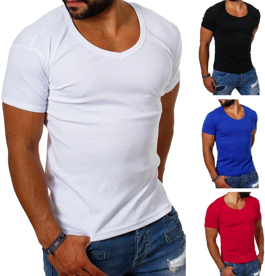 Young & Rich T-Shirt tiefer V-Ausschnitt slimfit einfarbig deep V-Neck Herren  - Bild 1 von 1