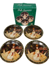 4 Certified International Susan Winget Snowman Plates Dessert Folk Art Christmas