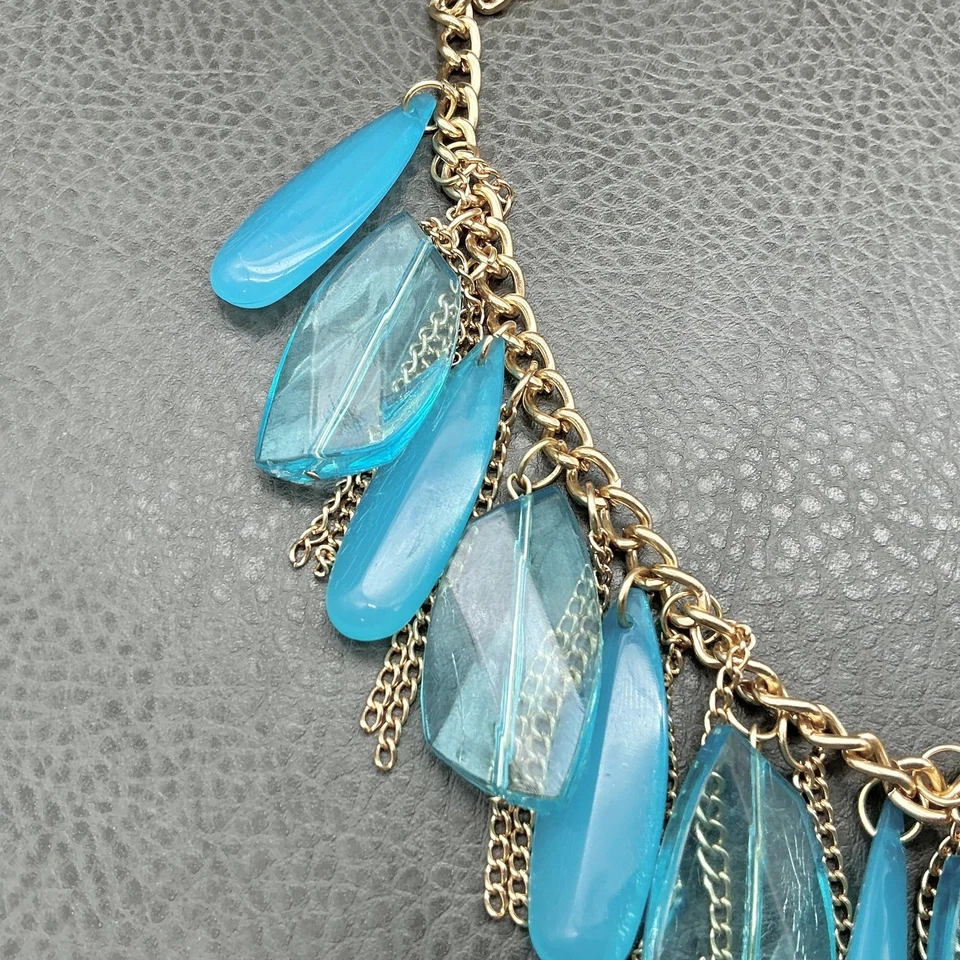 Statement Bib Necklace Womens Gold Tone Turquoise Blue Acrylic Teardrop Fringe - Image 3 of 4