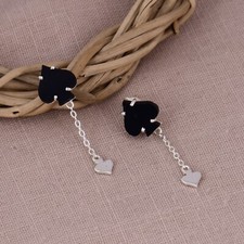 Spade Dangle Earrings Black Onyx Silver Drop Chain Poker Playing Card Jewelry