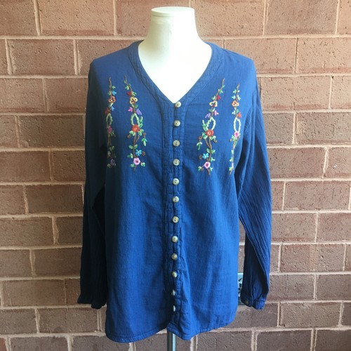 Embroidered Designs Blue Cotton Button Down Blouse