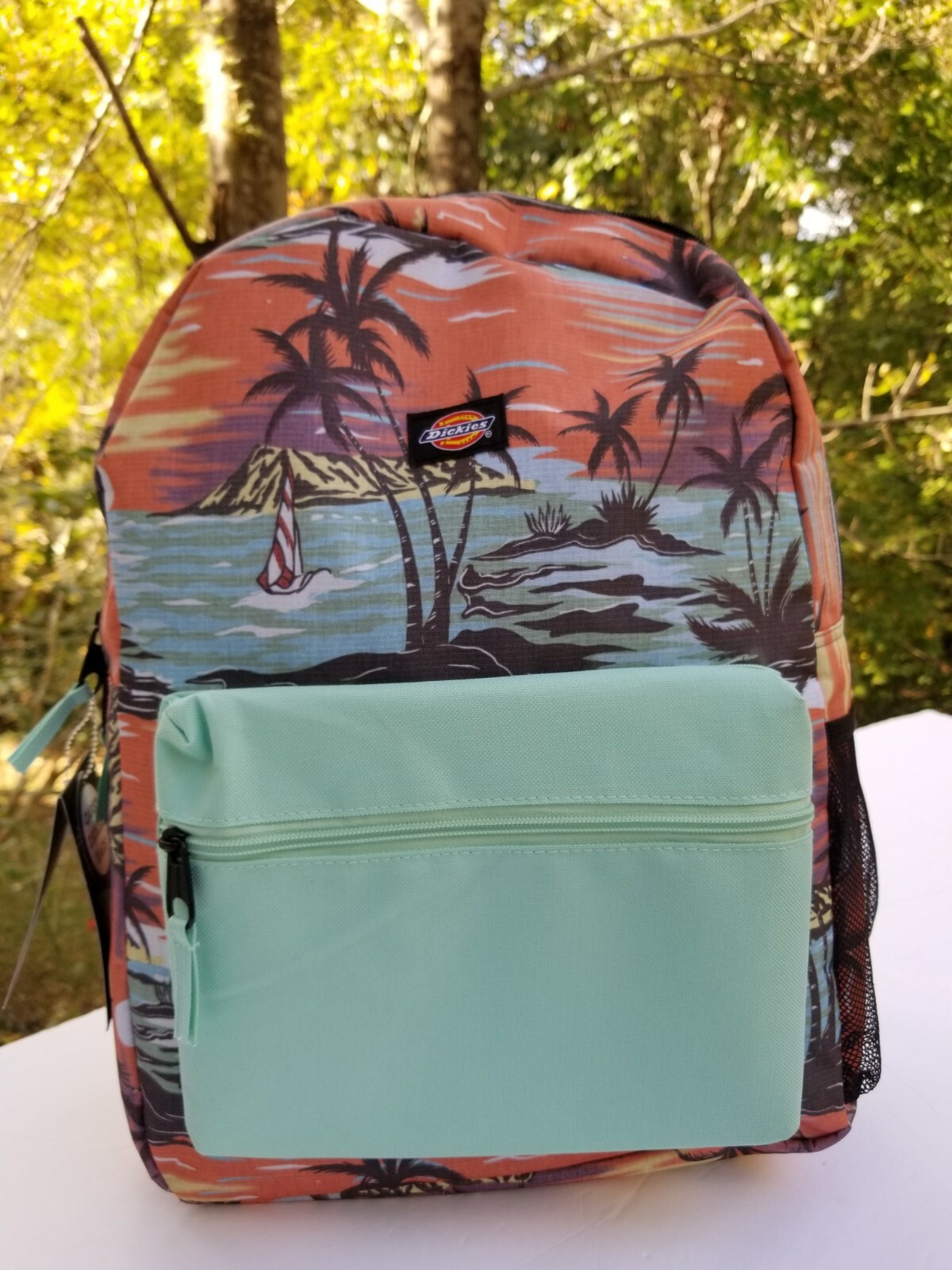 NEW Dickies Backpack Bag, Sailing Boat Tropical Island Palm Trees Sunset Ocean