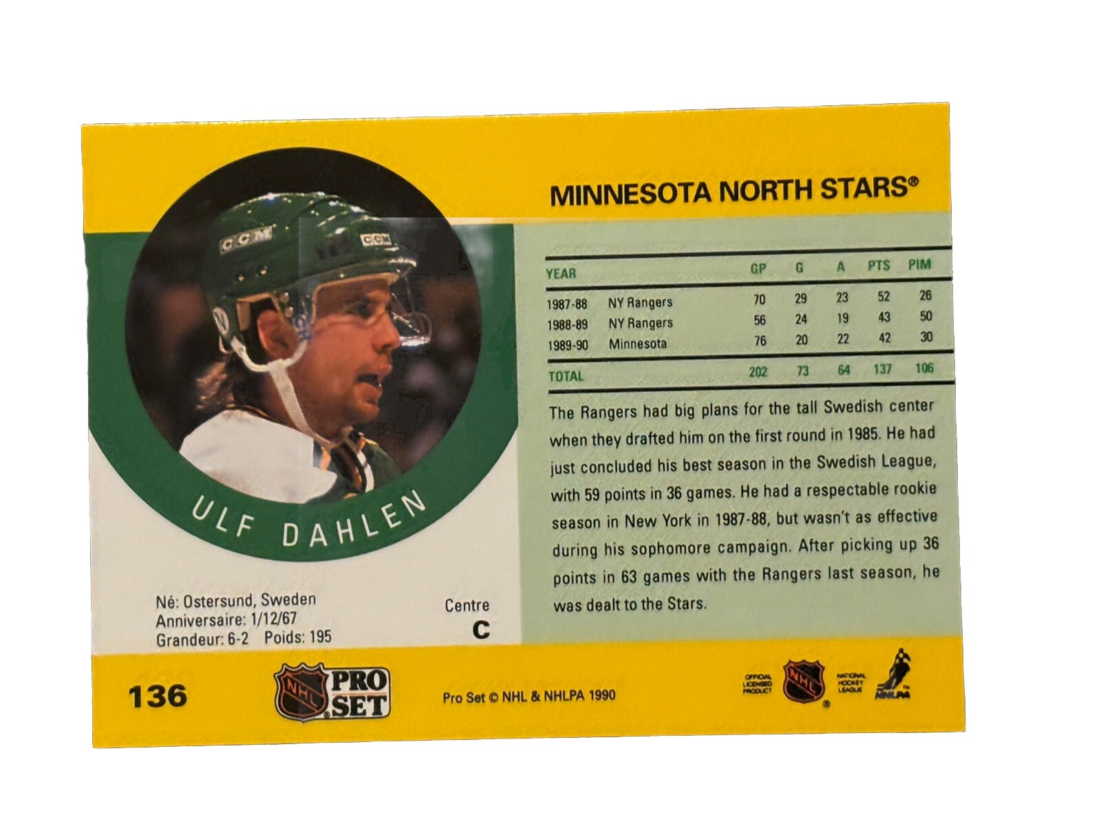 Brand New: Vintage 1990 PRO SET Ulf Dahlen Minnesota North Stars Trading Card
