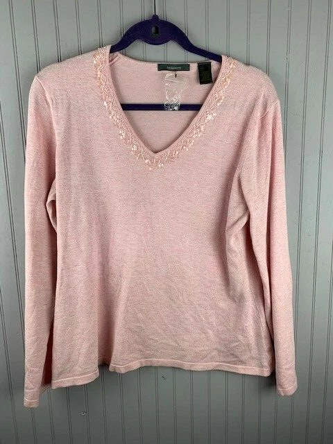 Liz Claiborne Size Large Women Pink Sweater Embellished Neck Sequins Long  Sleeve | eBay