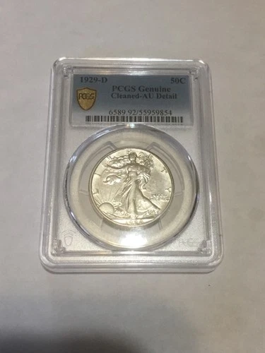 1929-D PCGS AU detail - Cleaned,  Walking Liberty Half Dollar.  FREE Shipping