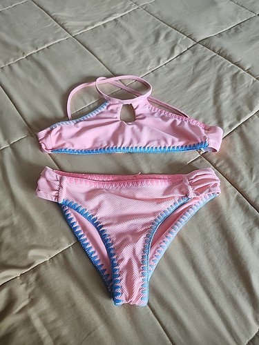 Hobie Kids Sandy Shells Keyhole High Neck Bikini Set Halter Peach & Blue Size 10 - Picture 2 of 4