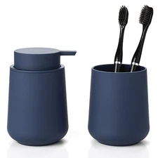 Matte Navy Blue Bathroom Accessories 2 Piece Set Plastic Soap Dispenser and T...