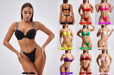 Victoria's Secret Clásico JUEGO DE SUJETADOR + TANGA - Correa Brillante Lencería SATINADO