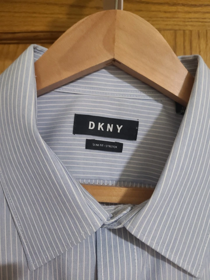 DKNY Slim Fit Stretch Cotton Dress Shirt Blue & White Stripe Size 17.5 34-35 - Image 3 of 4