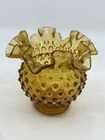 Vintage Fenton Amber Hobnail Crimped Ruffle Rim Rose Tulip Bowl Flower Vase 4.5"